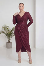 Büyük beden bordo midi boy uzun kol kruvaze detay payet abiye elbise 