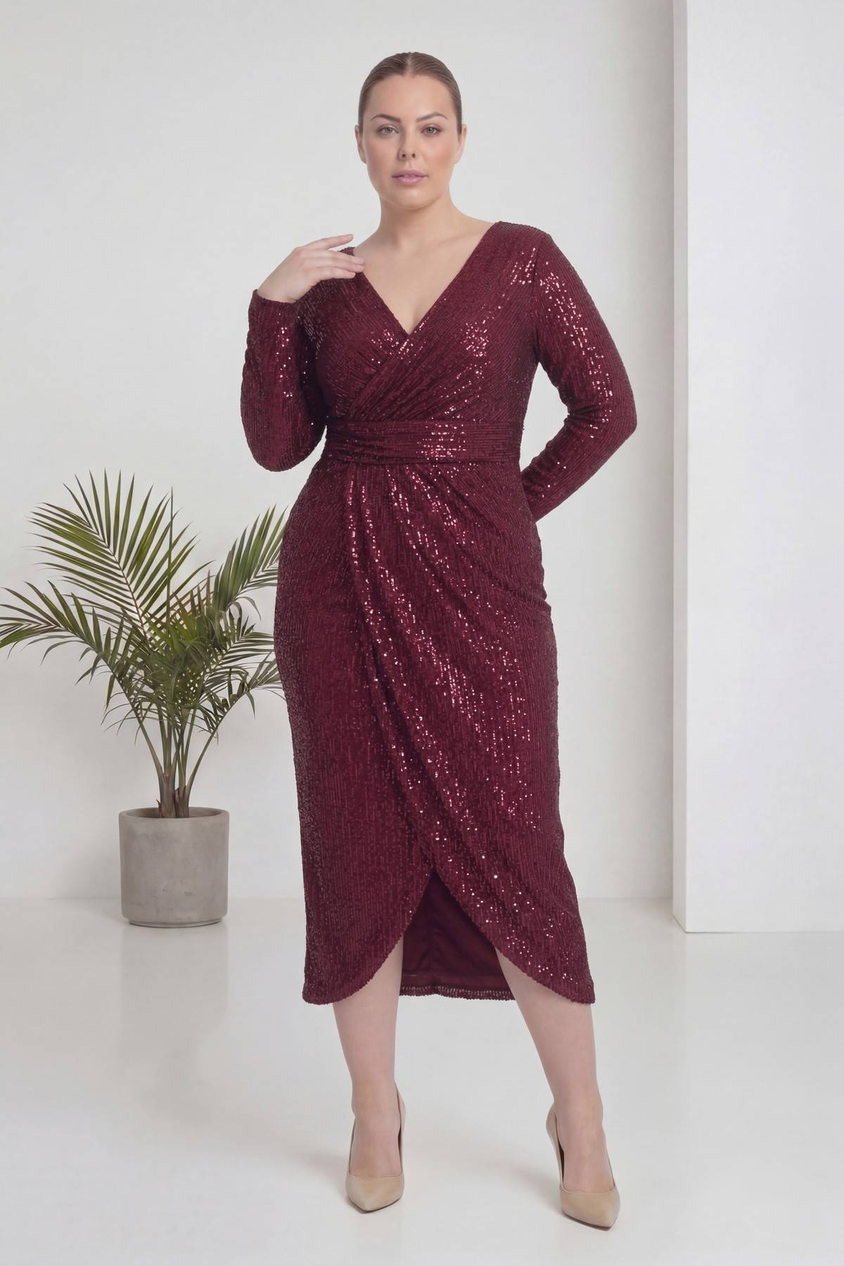 Büyük beden bordo midi boy uzun kol kruvaze detay payet abiye elbise 