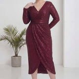 Büyük Beden Bordo Pul Payet Kruvaze Uzun Kollu Midi Abiye