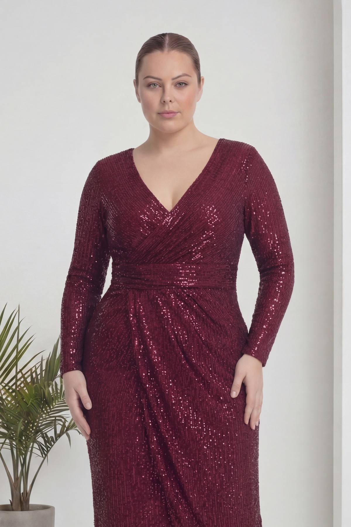 Büyük Beden Bordo Pul Payet Kruvaze Uzun Kollu Midi Abiye