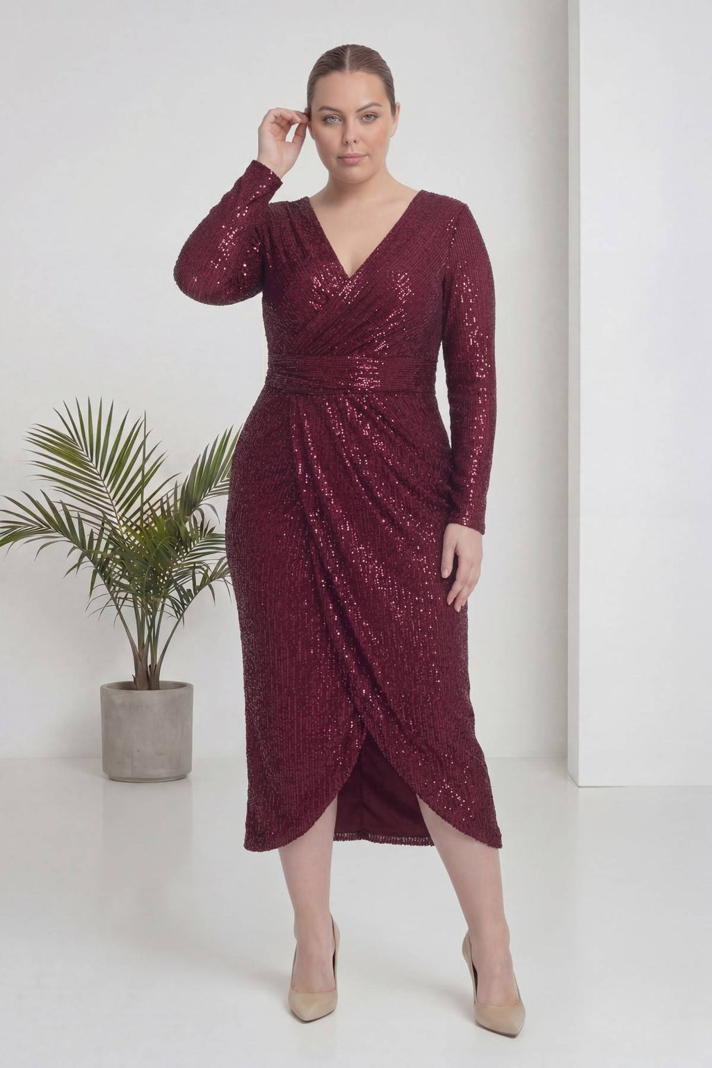 Büyük Beden Bordo Pul Payet Kruvaze Uzun Kollu Midi Abiye