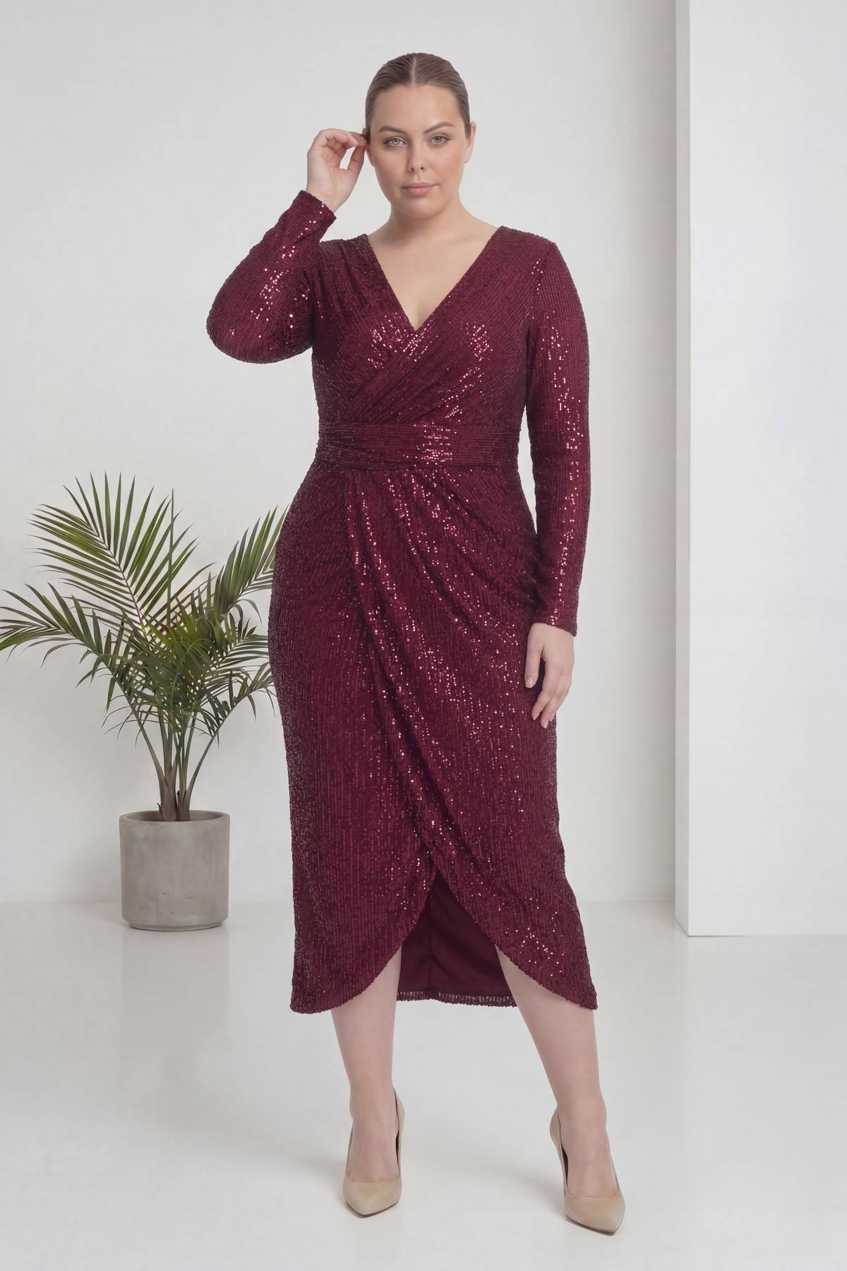 Büyük Beden Bordo Pul Payet Kruvaze Uzun Kollu Midi Abiye