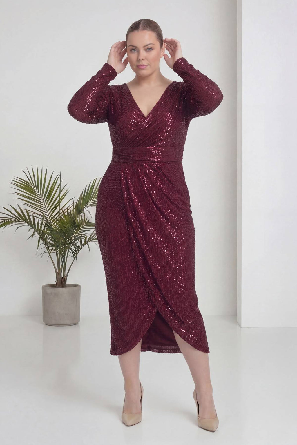 Büyük Beden Bordo Pul Payet Kruvaze Uzun Kollu Midi Abiye