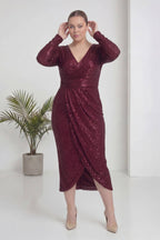 Büyük Beden Bordo Pul Payet Kruvaze Uzun Kollu Midi Abiye