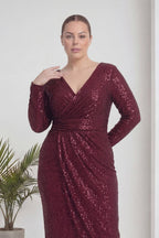 Büyük Beden Bordo Pul Payet Kruvaze Uzun Kollu Midi Abiye