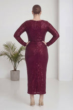 Büyük Beden Bordo Pul Payet Kruvaze Uzun Kollu Midi Abiye