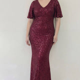 Büyük Beden Bordo Pul Payet V Yaka Balık Abiye Elbise