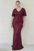 Büyük Beden Bordo Pul Payet V Yaka Balık Abiye Elbise