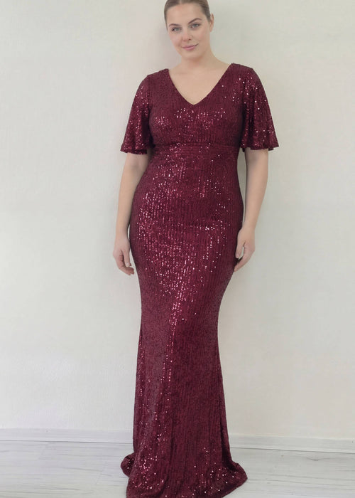 Büyük Beden Bordo Pul Payet V Yaka Balık Abiye Elbise