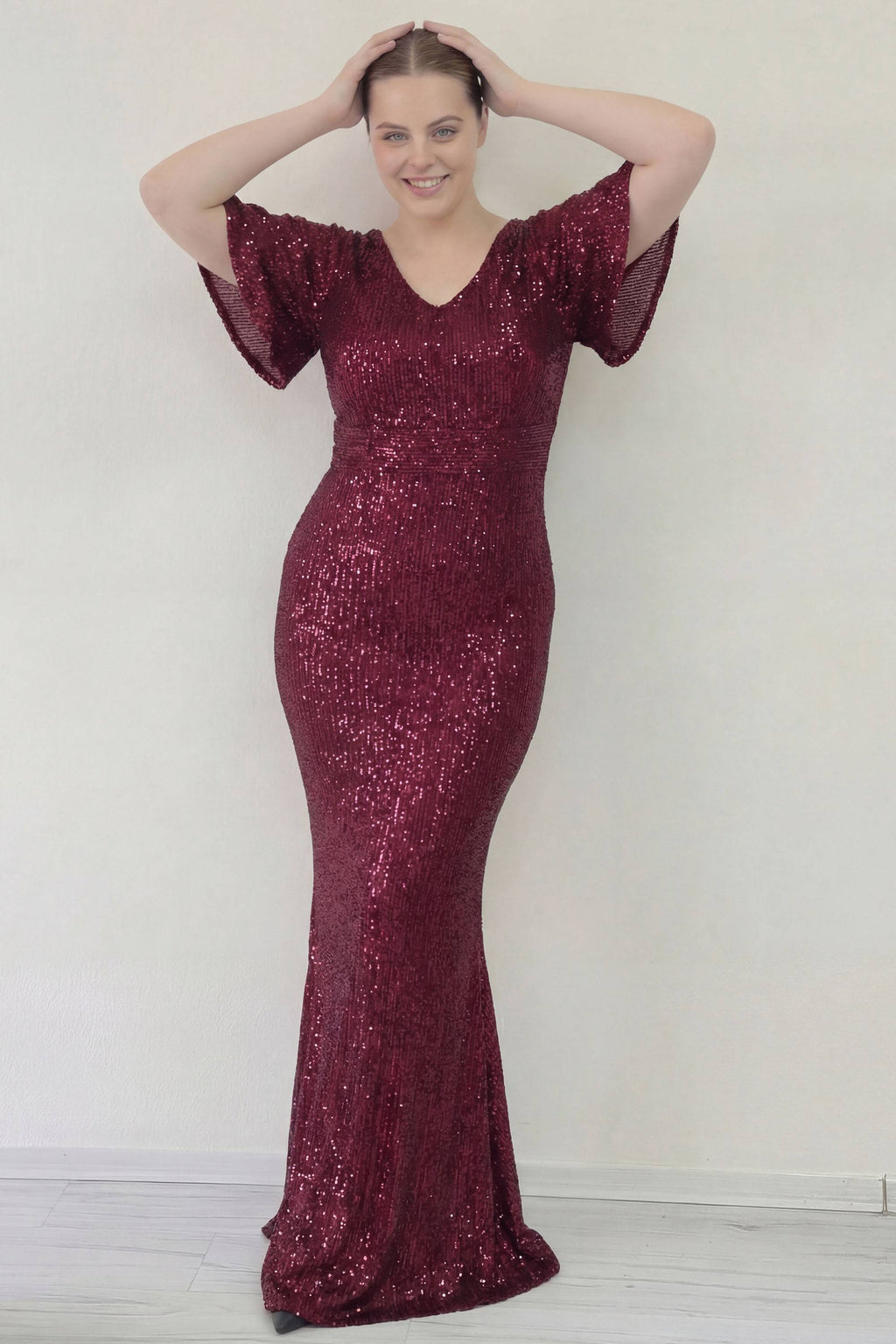 Büyük Beden Pul Payet V Yaka Balık Abiye Elbise Uzun Boy Bordo 