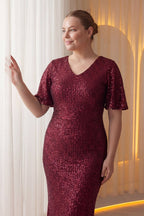 Büyük beden için davet elbisesi bordo payet balık v yakalı kısa volan kollu