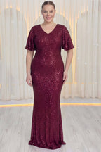 Kısa volan kollu pul payet kumaşlı v yakalı balık model abiye büyük beden nedime 