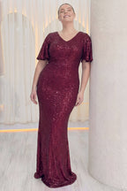 Büyük beden bordo v yakalı payetli balık model uzun boy anne elbisesi abiye 