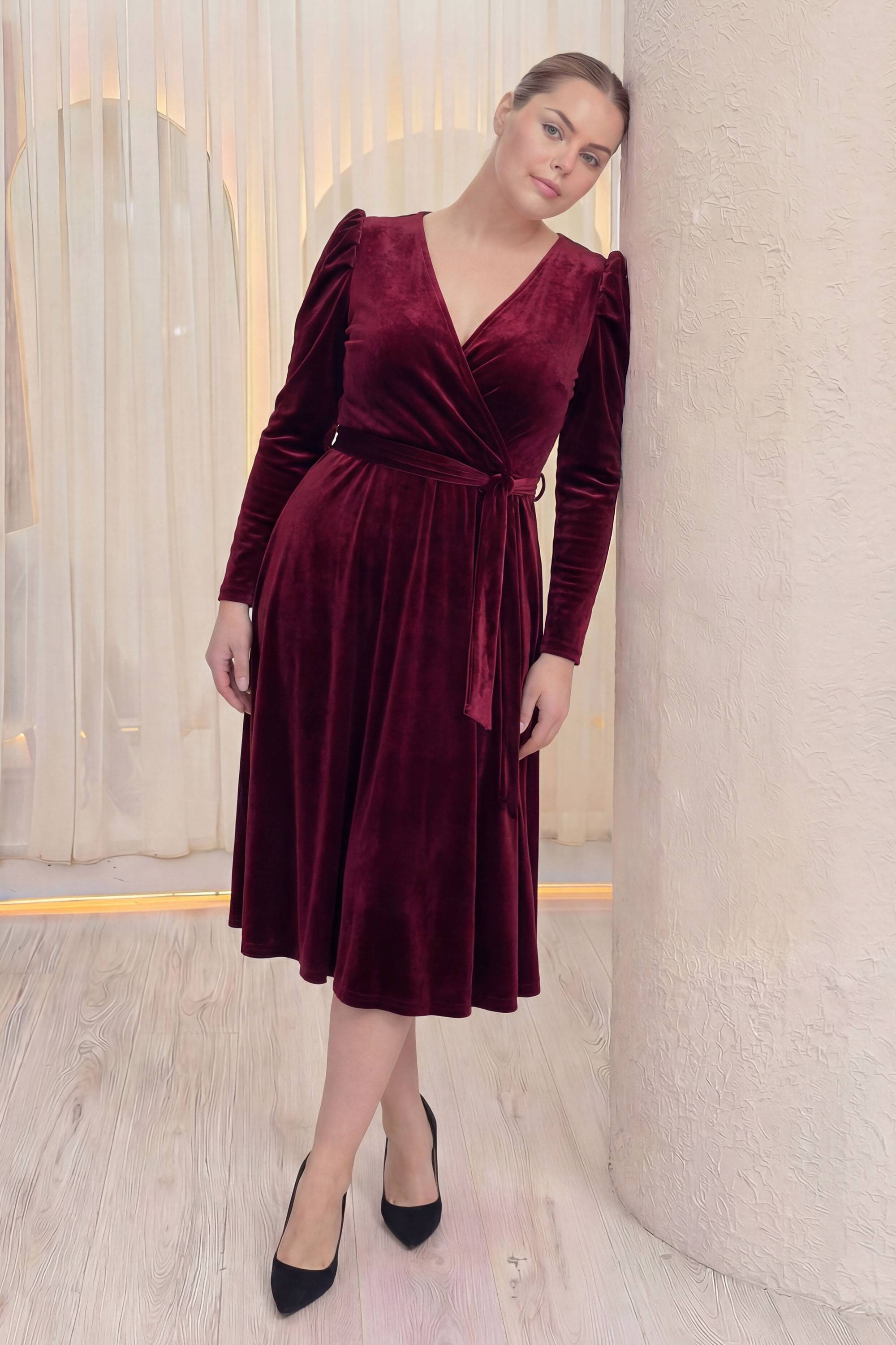 Uzun karpuz kollu bordo kadife midi kruvaze kadın büyük beden elbise 