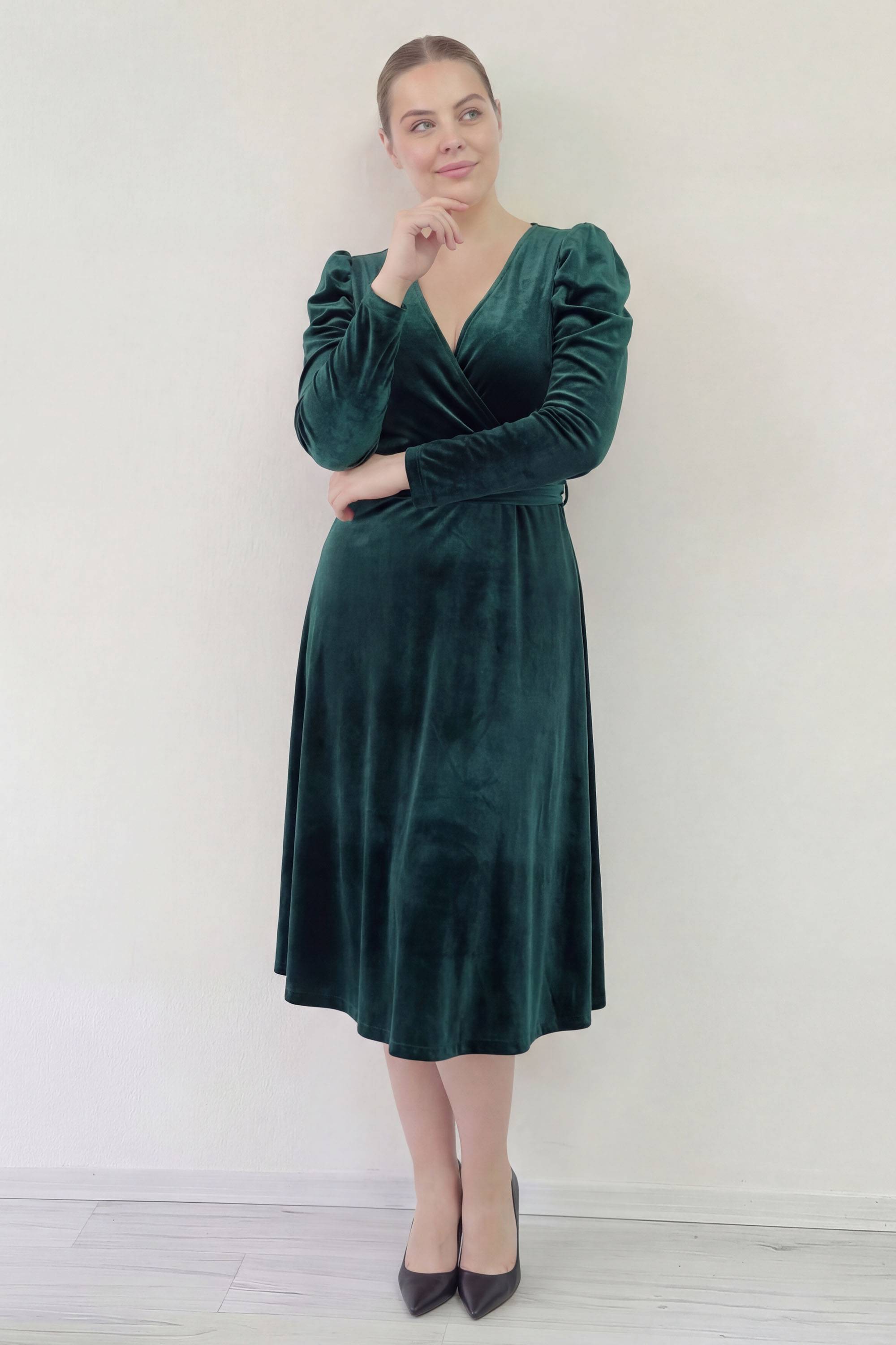 Midi boy kruvaze zümrüt yeşili karpuz kollu kuşak detayı midi elbise günlük 