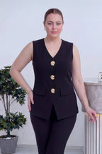 Yelek ve pantolon düğme detay büyük beden için siyah takım 