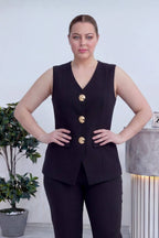 Ofis giyim büyük beden siyah altın düğme detaylı kolsuz pantolonlu takım