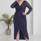 Büyük Beden Lacivert Pul Payet Kruvaze Uzun Kollu Midi Abiye