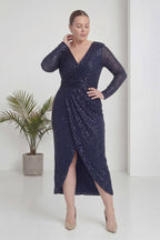 Büyük Beden Lacivert Pul Payet Kruvaze Uzun Kollu Midi Abiye