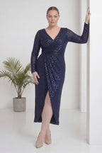 Büyük Beden Lacivert Pul Payet Kruvaze Uzun Kollu Midi Abiye