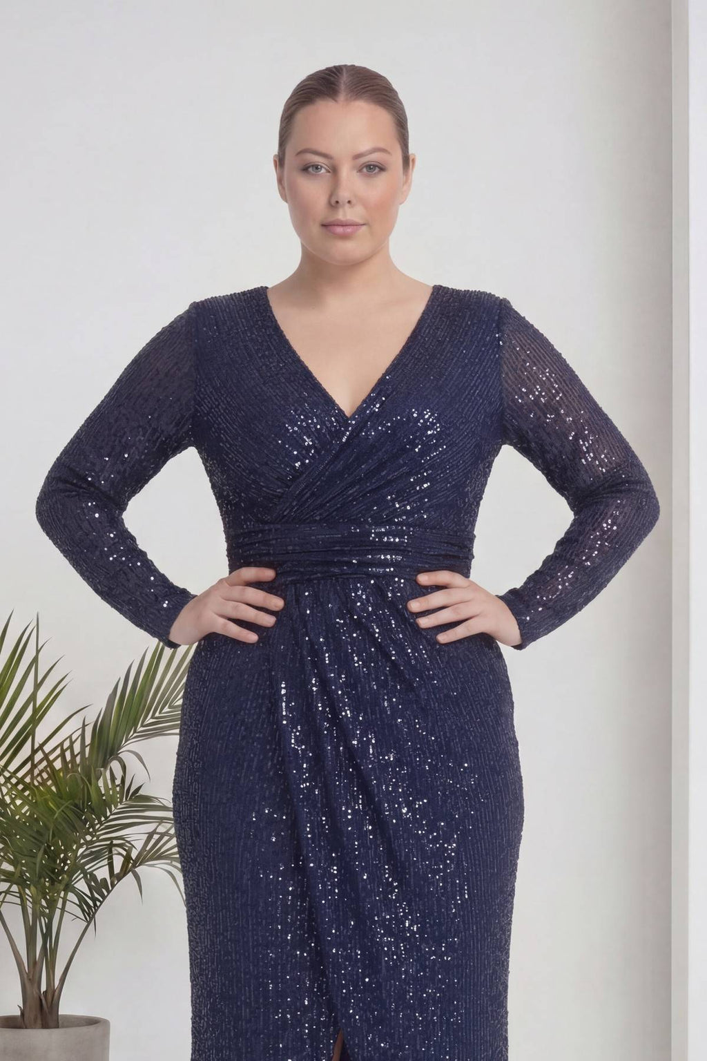 Büyük Beden Lacivert Pul Payet Kruvaze Uzun Kollu Midi Abiye