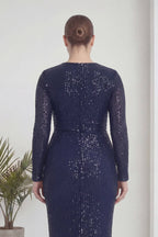 Büyük Beden Lacivert Pul Payet Kruvaze Uzun Kollu Midi Abiye