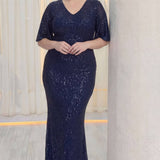 Büyük Beden Lacivert Pul Payet V Yaka Balık Abiye Elbise