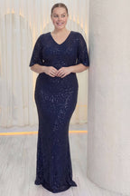 Uzun boy önde elleri birleşik v yakalı volan kollu lacivert büyük beden abiye payetli