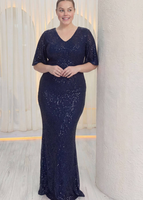Büyük Beden Lacivert Pul Payet V Yaka Balık Abiye Elbise