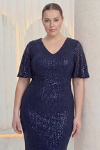 yakından payetli balık kesim v yakalı kısa kollu volan kollu lacivert abiye büyük beden 