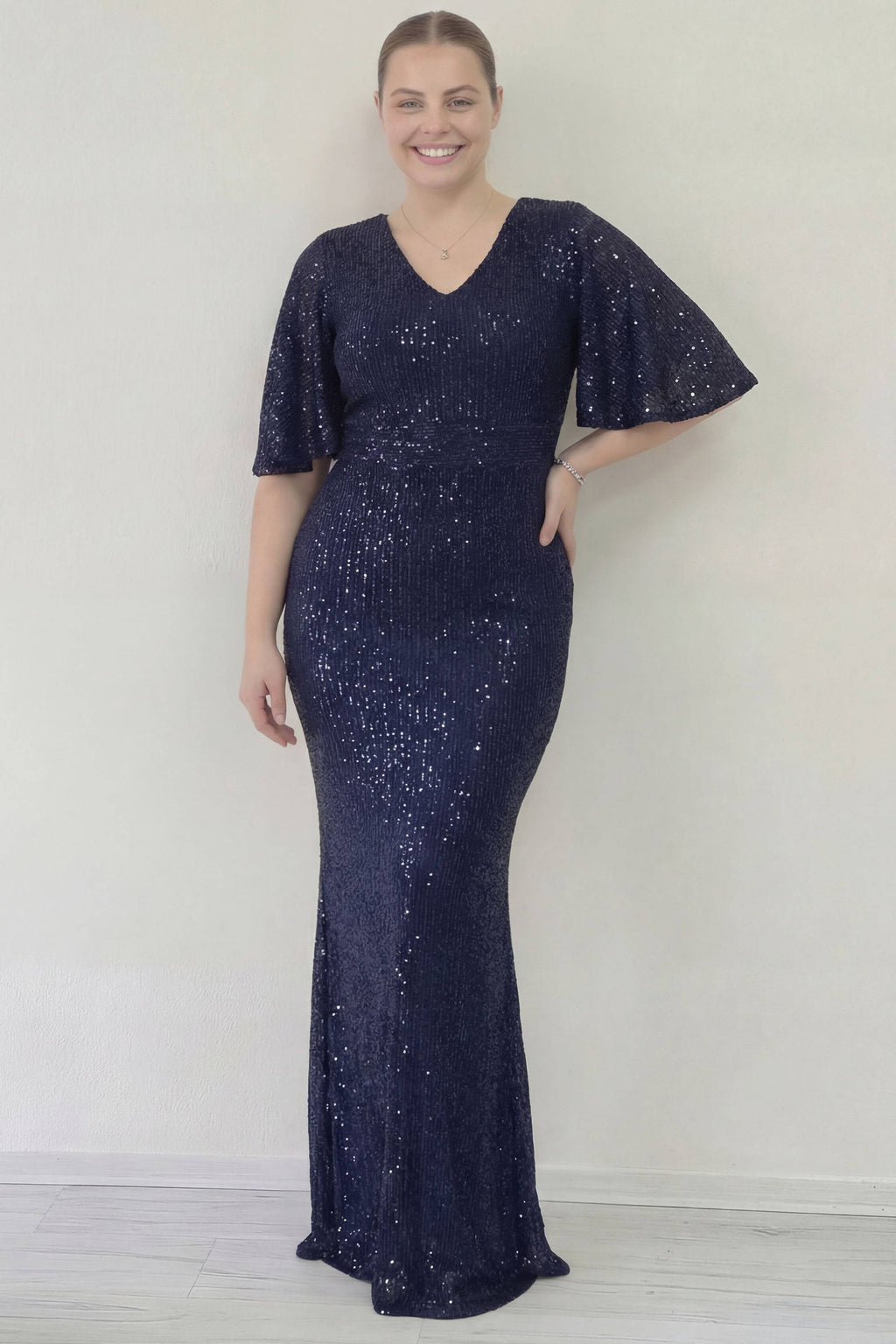 Lacivert payetli balık uzun büyük beden anne nedime düğün davet abiyesi