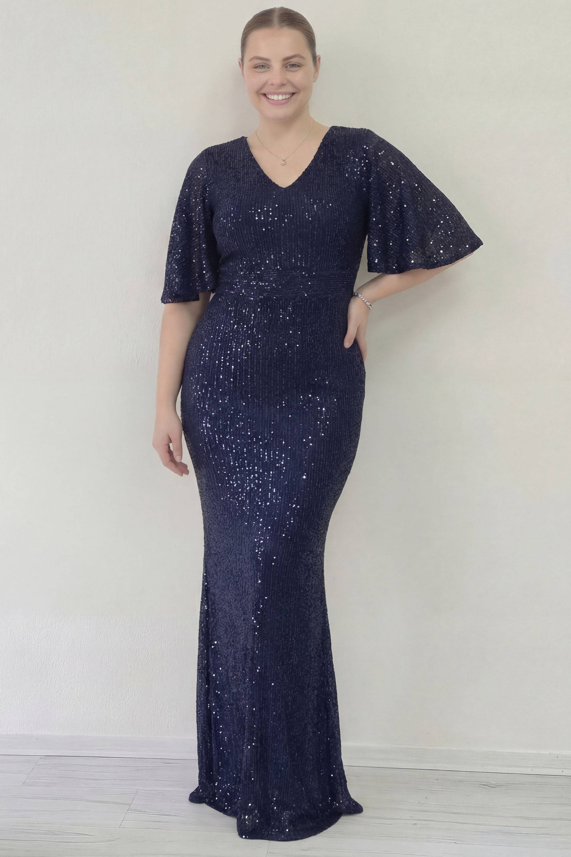 Lacivert payetli balık uzun büyük beden anne nedime düğün davet abiyesi