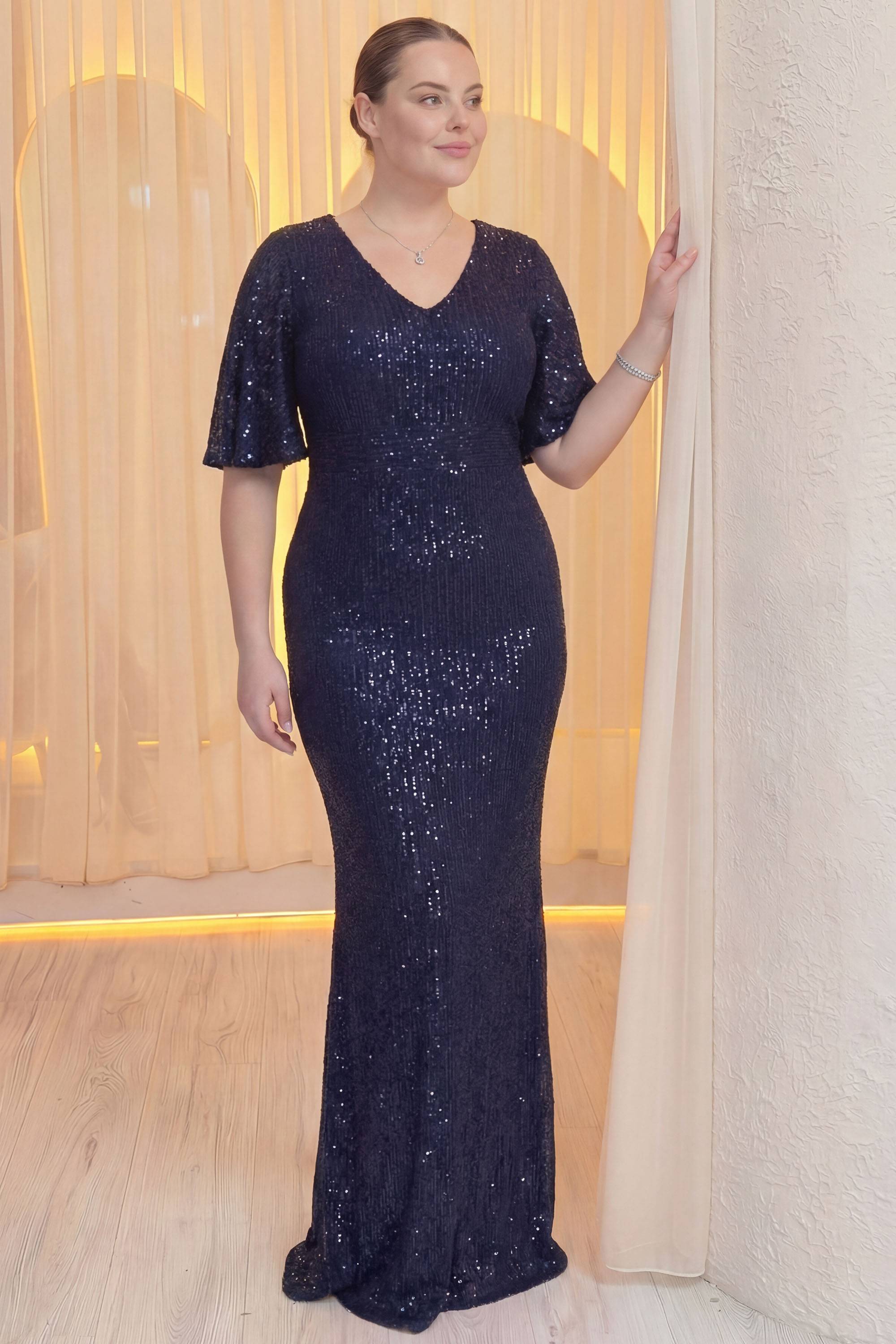 V yakalı volan kollu pul payet uzun balık lacivert abiye büyük beden kadın elbise