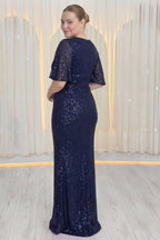 Lacivert arka balık pul payet kısa kollu uzun abiye nedime elbisesi