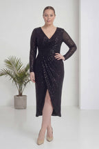 Büyük Beden Siyah Pul Payet Kruvaze Uzun Kollu Midi Abiye