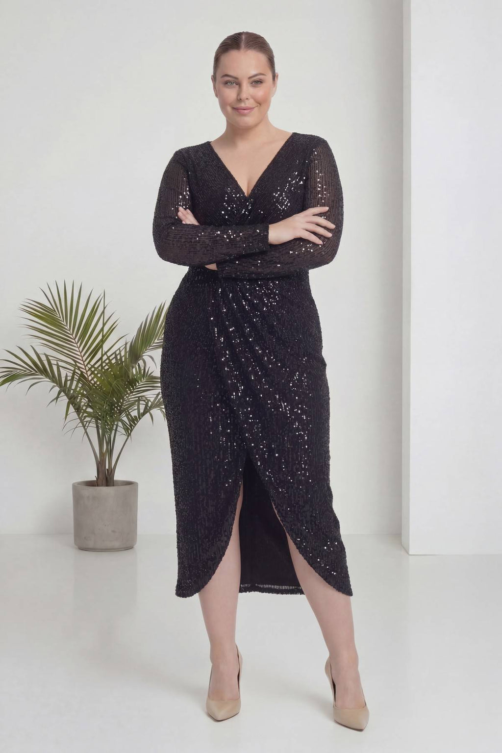 Büyük Beden Siyah Pul Payet Kruvaze Uzun Kollu Midi Abiye