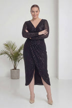 Büyük Beden Siyah Pul Payet Kruvaze Uzun Kollu Midi Abiye