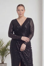 Büyük Beden Siyah Pul Payet Kruvaze Uzun Kollu Midi Abiye