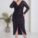 Büyük Beden Siyah Pul Payet Kruvaze Uzun Kollu Midi Abiye