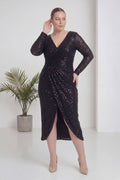 Büyük Beden Siyah Pul Payet Kruvaze Uzun Kollu Midi Abiye