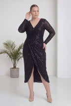 Büyük Beden Siyah Pul Payet Kruvaze Uzun Kollu Midi Abiye