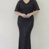 Büyük Beden Siyah Pul Payet V Yaka Balık Abiye Elbise
