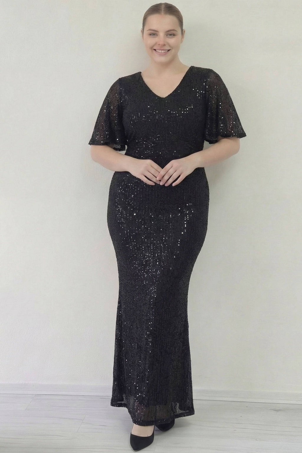Büyük Beden Siyah Pul Payet V Yaka Balık Model Uzun Boy Abiye 