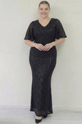 Büyük Beden Siyah Pul Payet V Yaka Balık Abiye Elbise