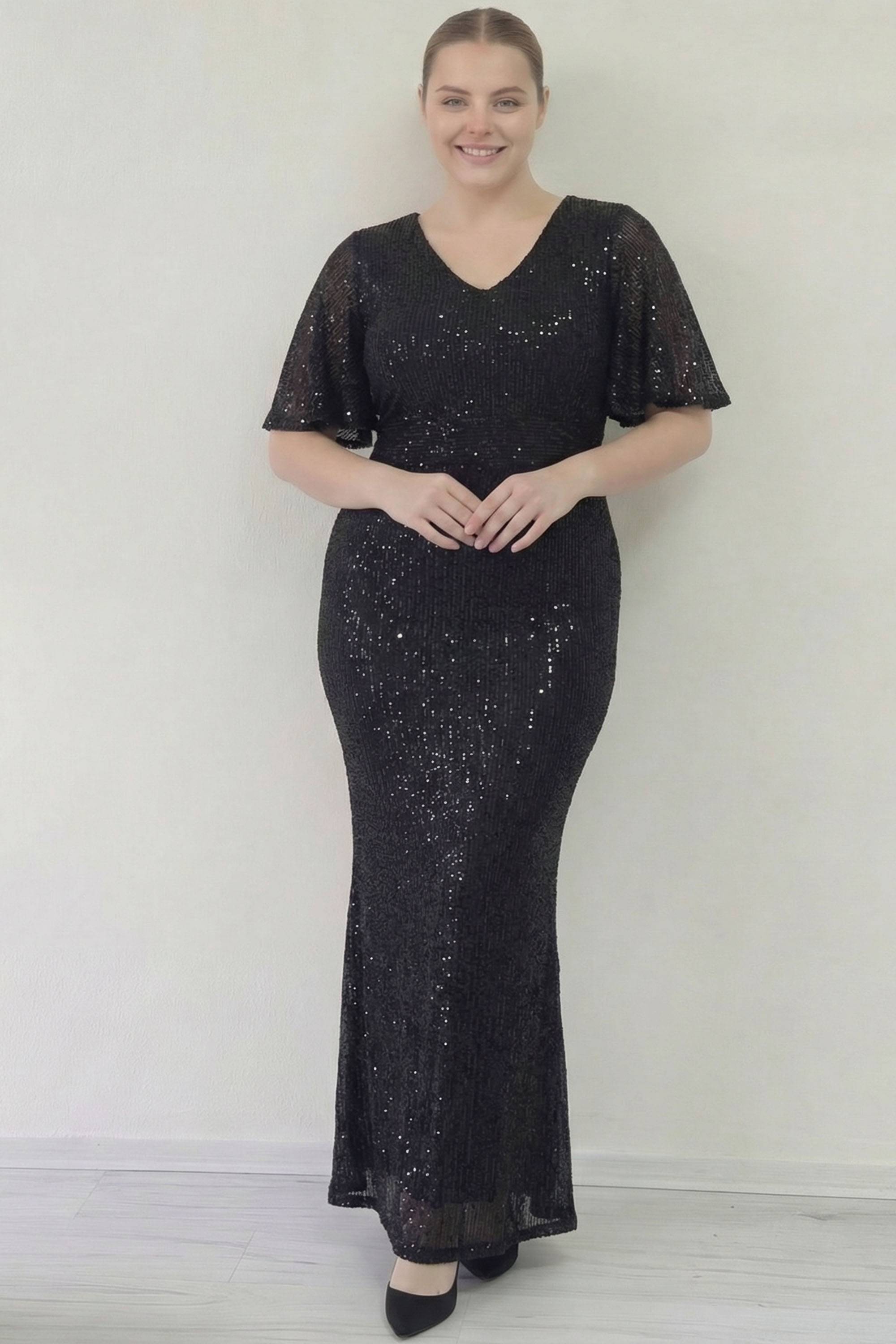 Büyük Beden Siyah Pul Payet V Yaka Balık Model Uzun Boy Abiye 