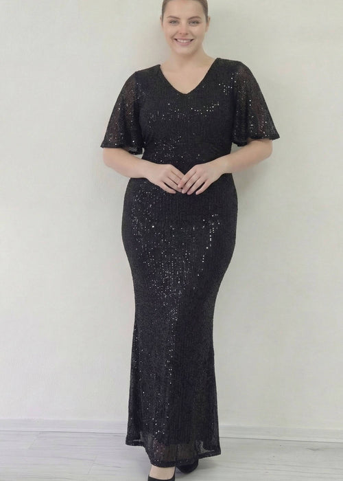 Büyük Beden Siyah Pul Payet V Yaka Balık Abiye Elbise
