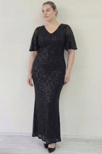 kısa volan kollu balık kesim uzun payetli abiye siyah büyük beden