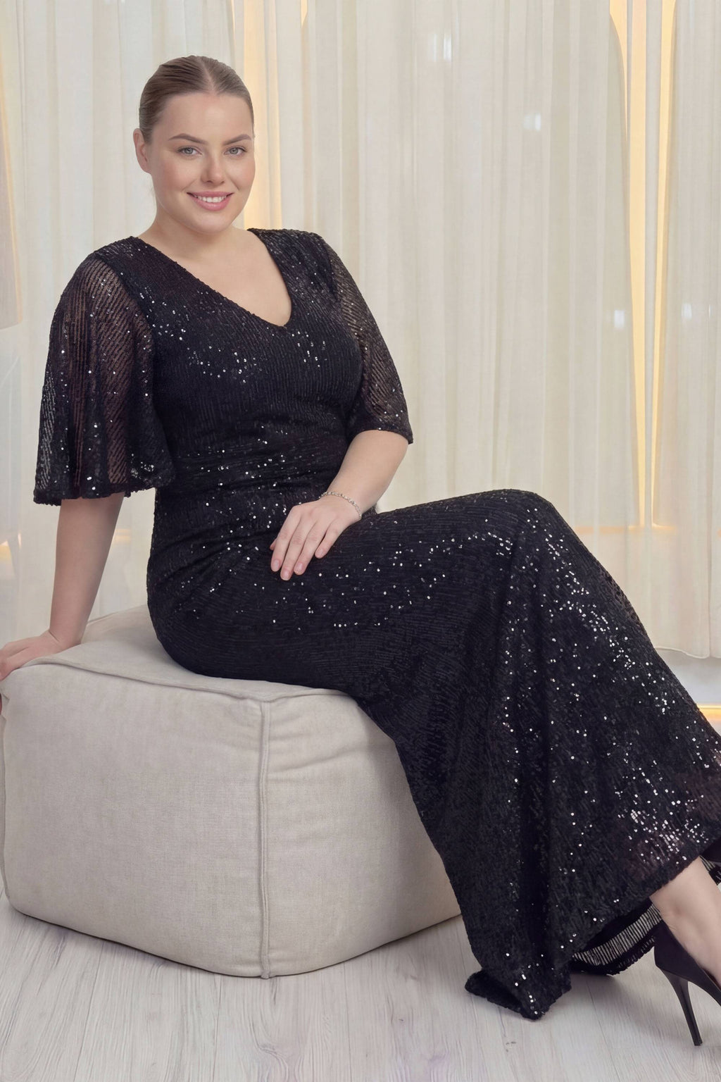 Siyah büyük beden payetli balık uzun abiye düğün davet elbisesi