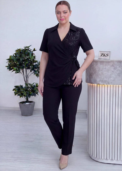 Büyük Beden Siyah Payetli İkili Takım – Gömlek Yaka Bluz & Pantolon