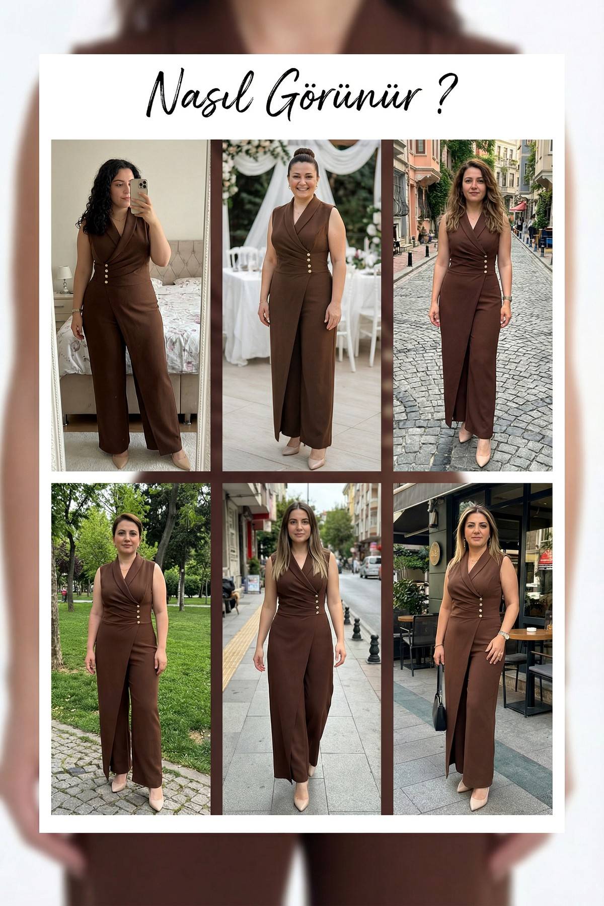 Kahverengi, büyük beden kruvaze drapeli tulum davet için deneme